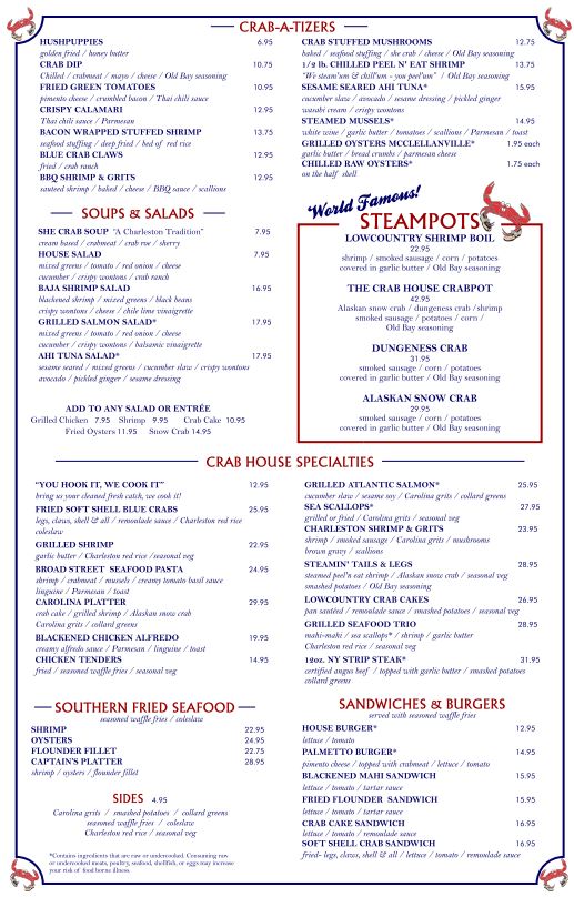 Charleston Crab House   Shem Creek General Menu