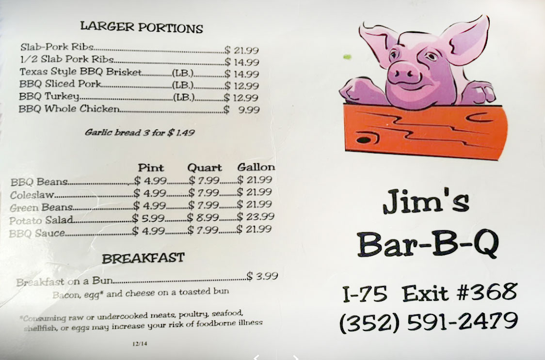 Jims Bar B Que General Menu